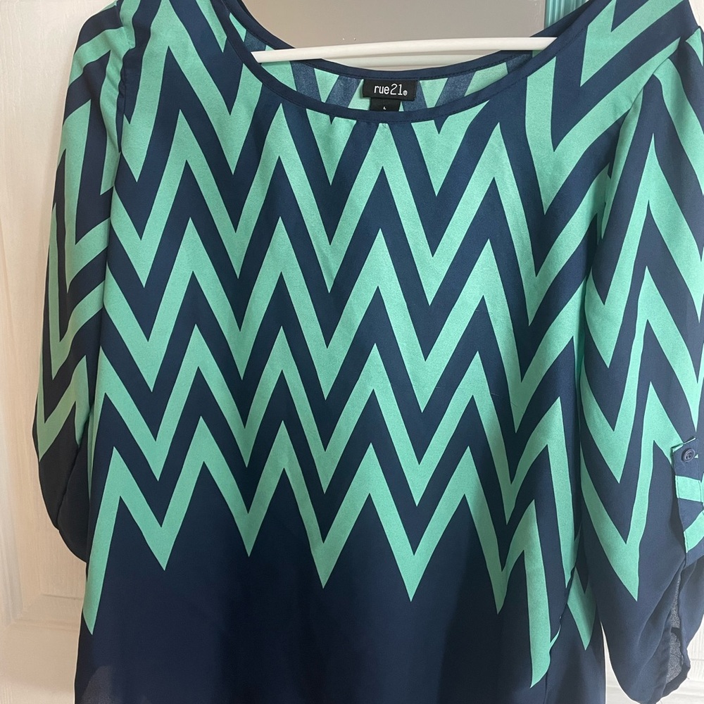 Woman’s navy blue & teel/green blouse